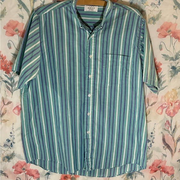 Vintage The Men's Store Blue and Green Striped Casual Shirt - Picture 1 of 8